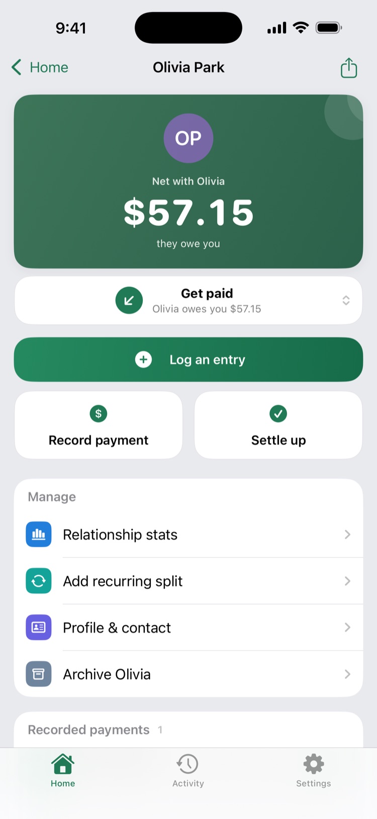 One person's balance and entries in Even Up.