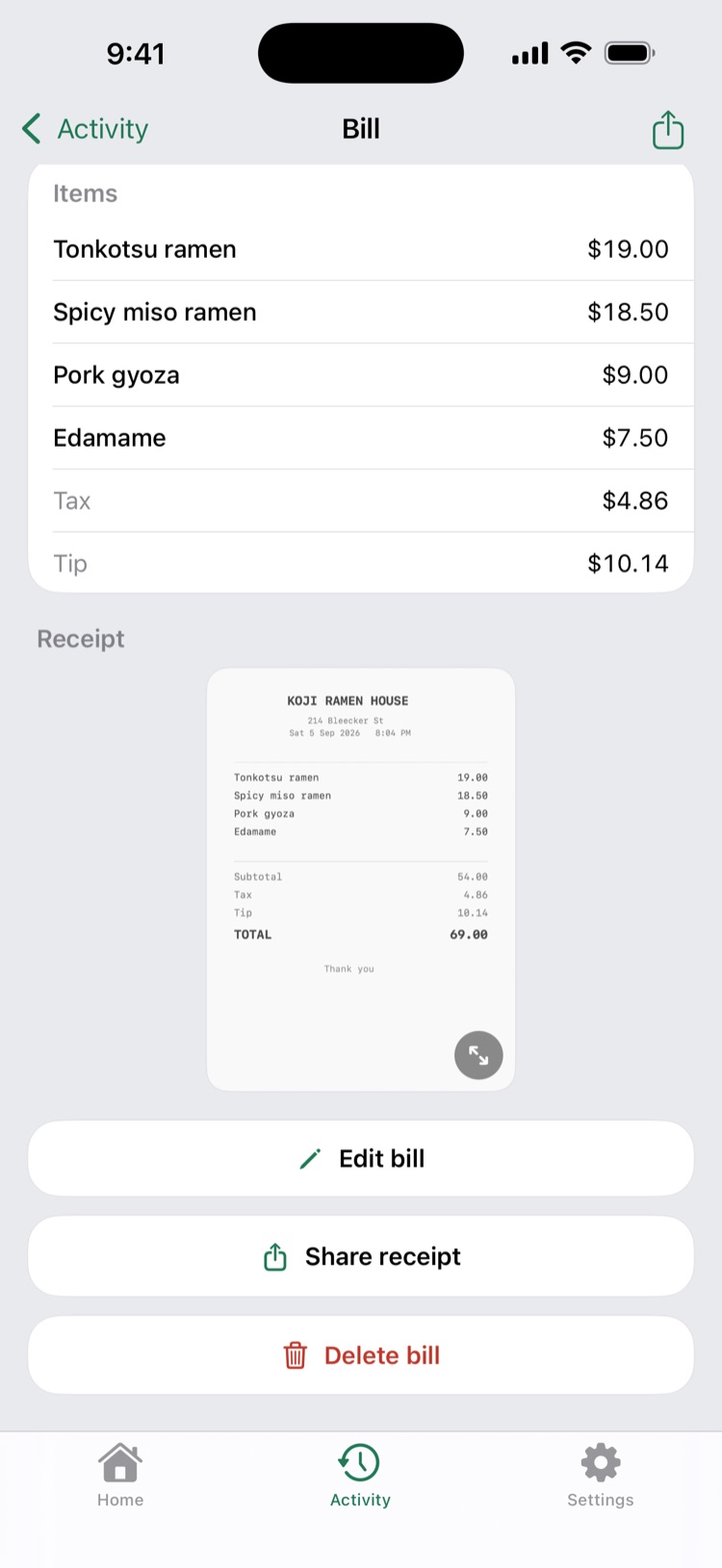 A saved bill with its scanned receipt.