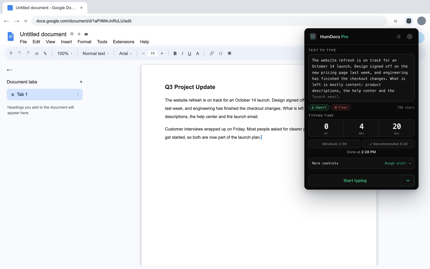 HumDocs open over a Google Doc, with a finish time of 4 minutes 20 seconds set.