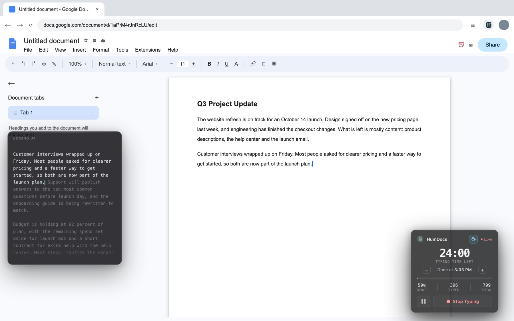 HumDocs typing into a Google Doc: the text still to come on the left, and a timer showing 24:00 left at 50 percent.